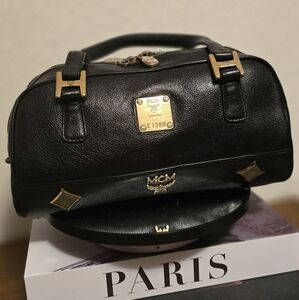 MCM Black Leather Boston Handbag / Golden Hardware